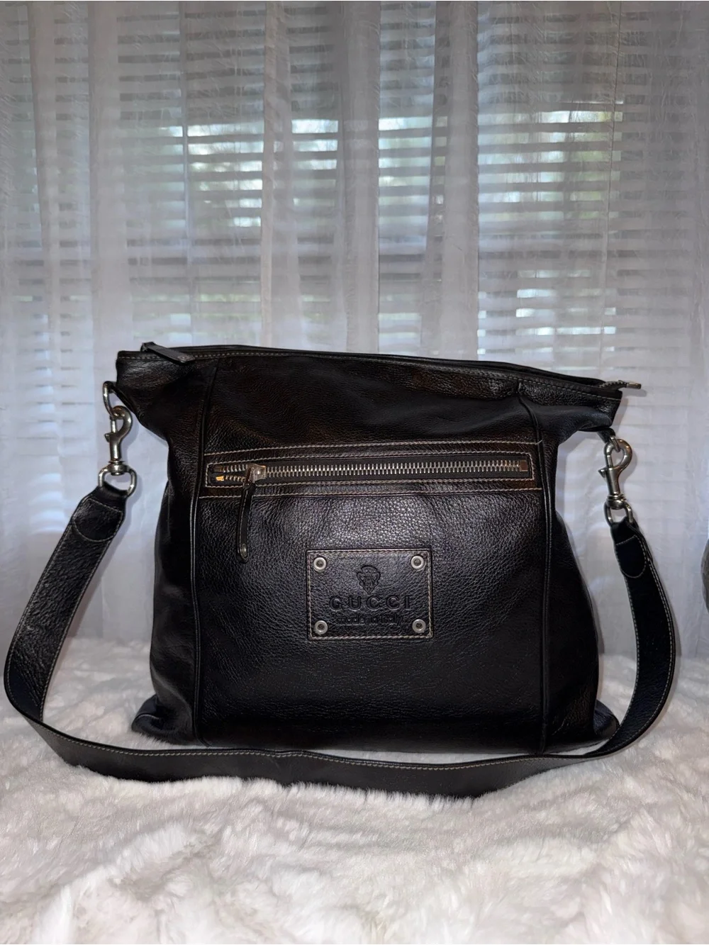 Gucci Black Pebbled Leather Messenger Bag with Silver Hardware